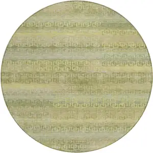 Photo of 8' Sage And Gold Round Striped Washable Indoor Outdoor Area Rug