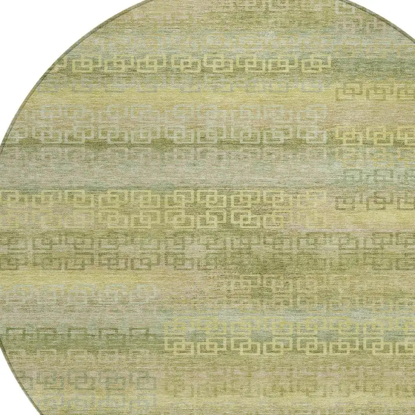 8' Sage And Gold Round Striped Washable Indoor Outdoor Area Rug Photo 9