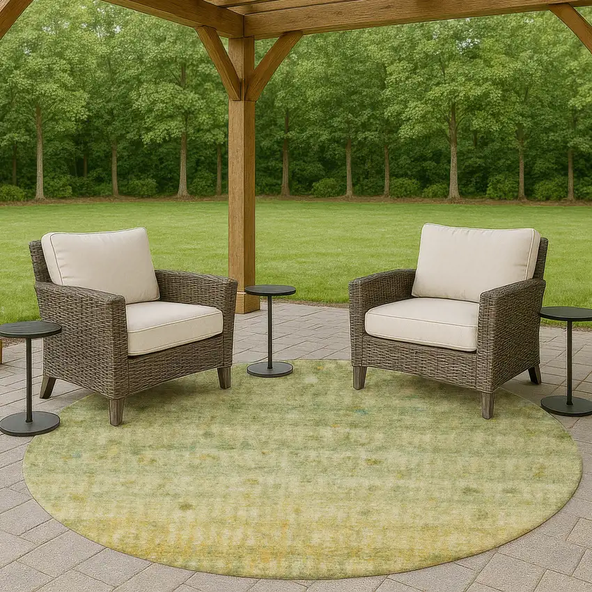 8' Sage And Gold Round Striped Washable Indoor Outdoor Area Rug Photo 8