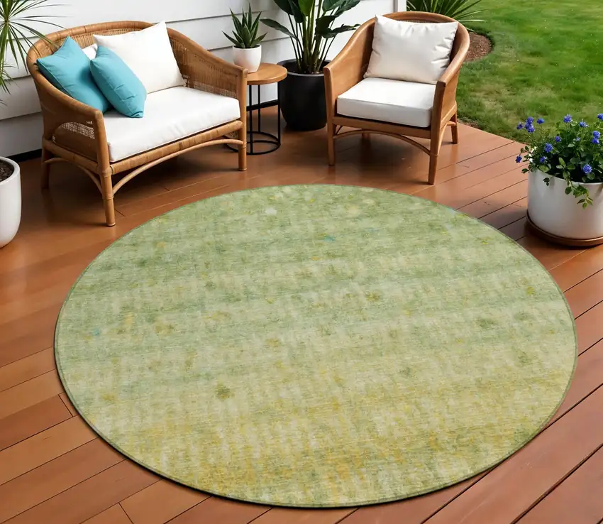 8' Sage And Gold Round Striped Washable Indoor Outdoor Area Rug Photo 1