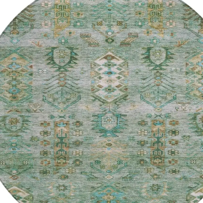 8' Sage And Gold Round Tribal Washable Indoor Outdoor Area Rug Photo 4