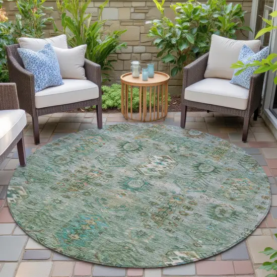 8' Sage And Gold Round Tribal Washable Indoor Outdoor Area Rug Photo 5