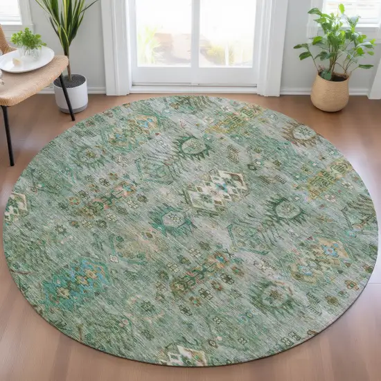 8' Sage And Gold Round Tribal Washable Indoor Outdoor Area Rug Photo 6