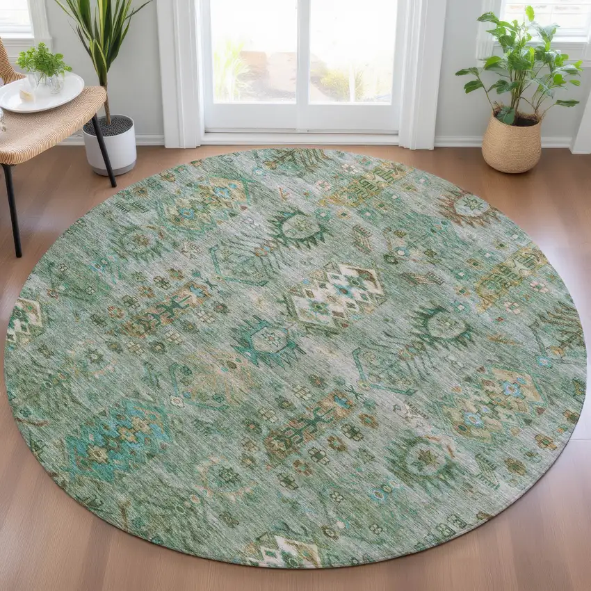 8' Sage And Gold Round Tribal Washable Indoor Outdoor Area Rug Photo 6
