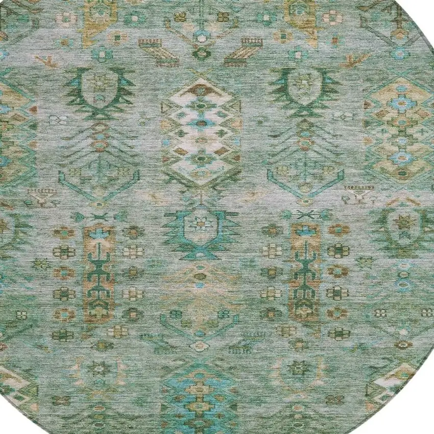 8' Sage And Gold Round Tribal Washable Indoor Outdoor Area Rug Photo 9