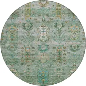 Photo of 8' Sage And Gold Round Tribal Washable Indoor Outdoor Area Rug