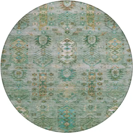 8' Sage And Gold Round Tribal Washable Indoor Outdoor Area Rug Photo 1