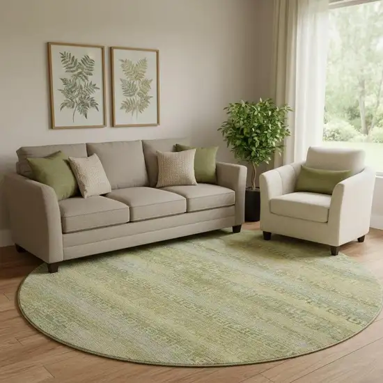 8' Sage And Gold Striped Washable Round Rug With UV Protection Photo 2