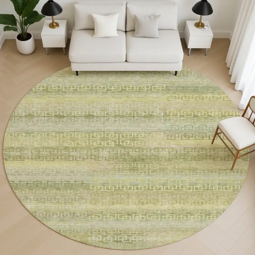 8' Sage And Gold Striped Washable Round Rug With UV Protection Photo 4