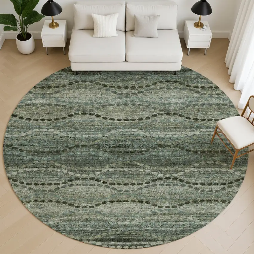 8' Sage And Gray Abstract Geometric Washable Round Rug With UV Protection Photo 5