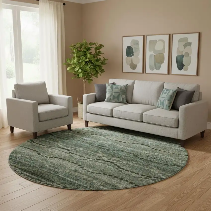 8' Sage And Gray Abstract Geometric Washable Round Rug With UV Protection Photo 1