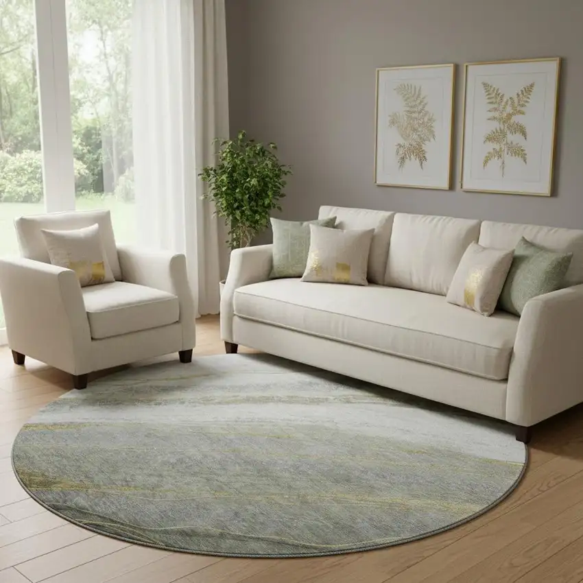 8' Sage And Gray Abstract Washable Round Rug With UV Protection Photo 2