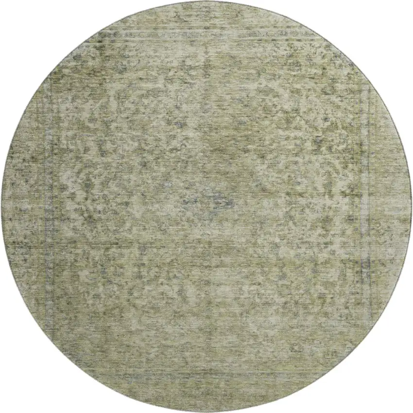 8' Sage And Gray Oriental Washable Round Rug With UV Protection Photo 1