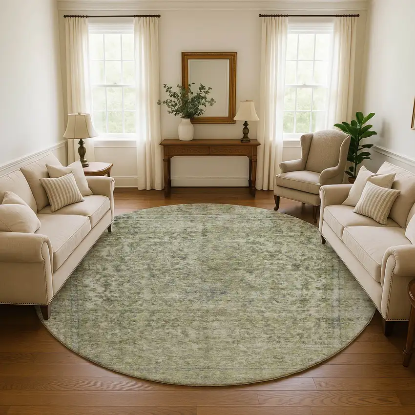 8' Sage And Gray Oriental Washable Round Rug With UV Protection Photo 4