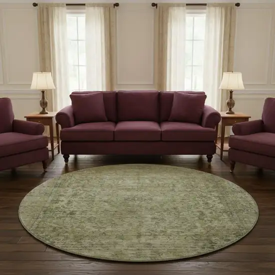 8' Sage And Gray Oriental Washable Round Rug With UV Protection Photo 2