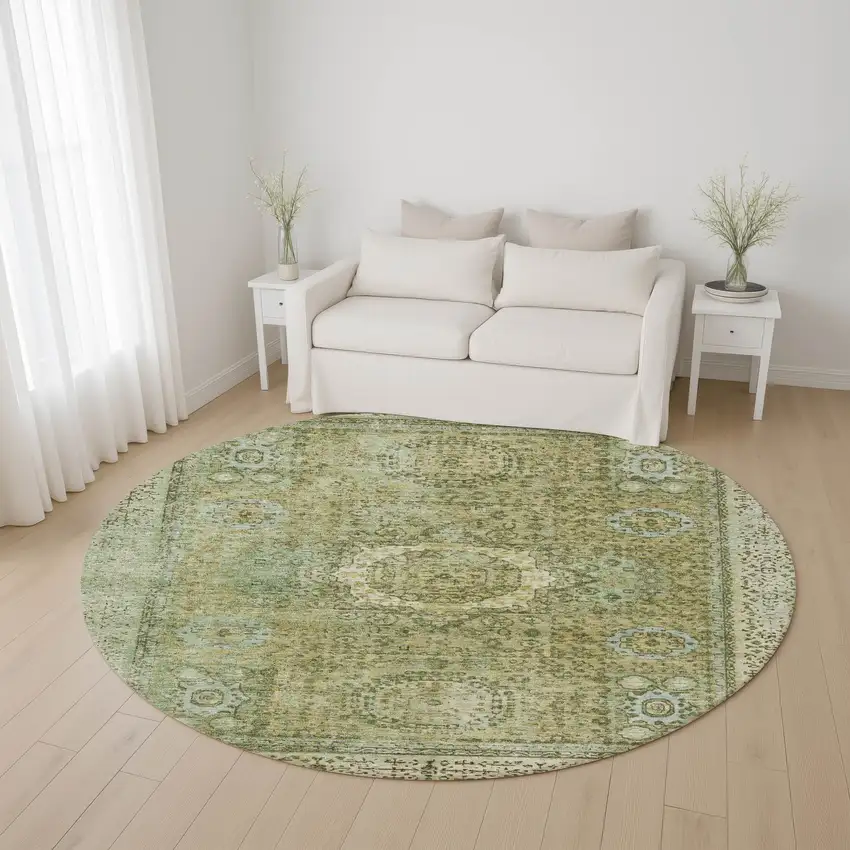 8' Sage And Gray Oriental Washable Round Rug With UV Protection Photo 4