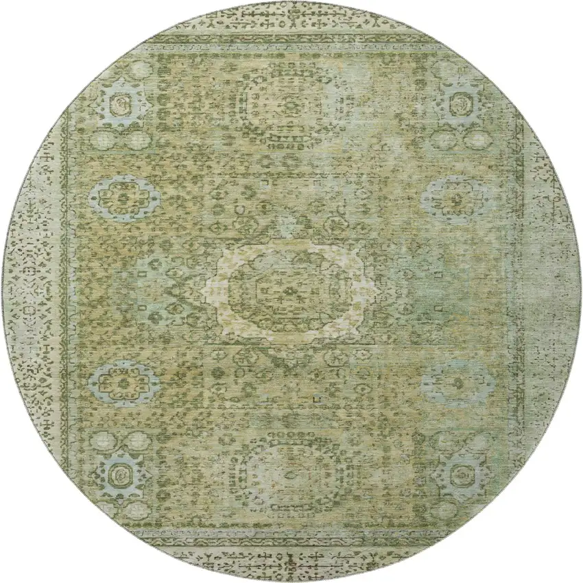 8' Sage And Gray Oriental Washable Round Rug With UV Protection Photo 3