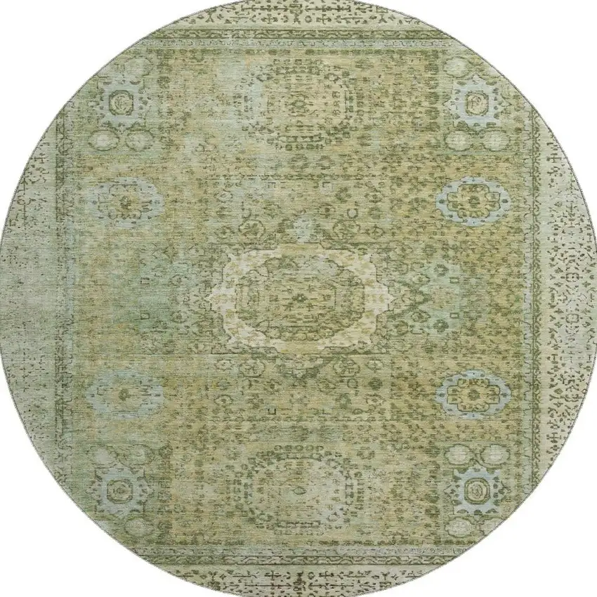 8' Sage And Gray Oriental Washable Round Rug With UV Protection Photo 2