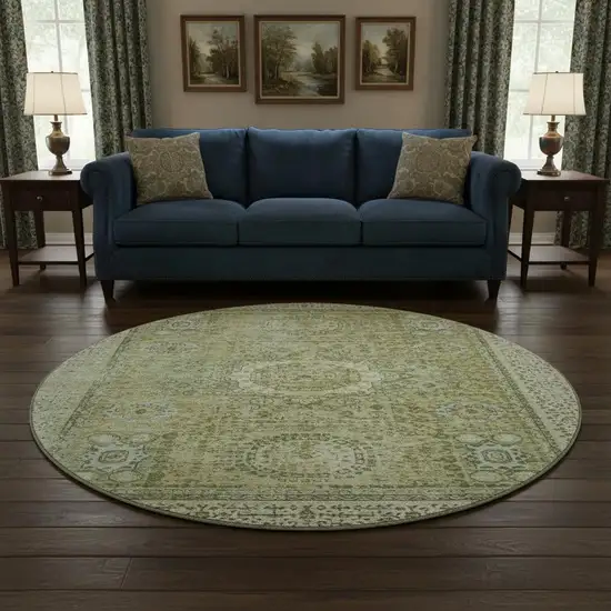 8' Sage And Gray Oriental Washable Round Rug With UV Protection Photo 2