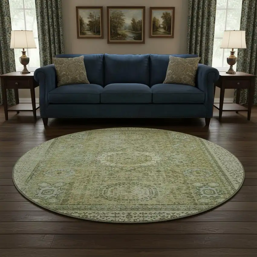 8' Sage And Gray Oriental Washable Round Rug With UV Protection Photo 2