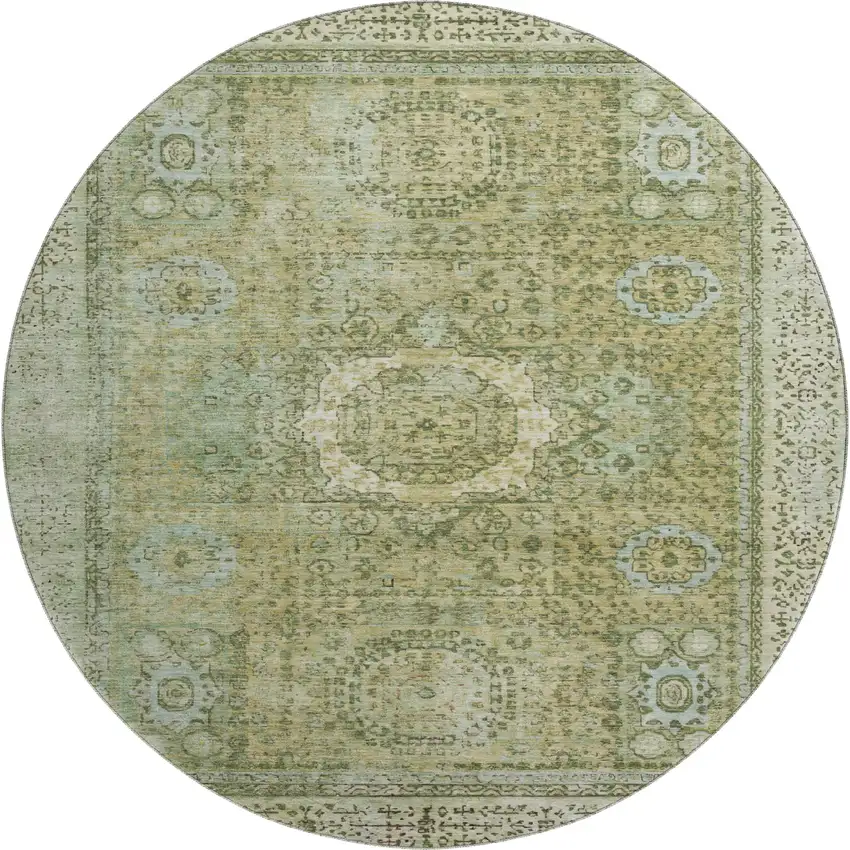 8' Sage And Gray Oriental Washable Round Rug With UV Protection Photo 1