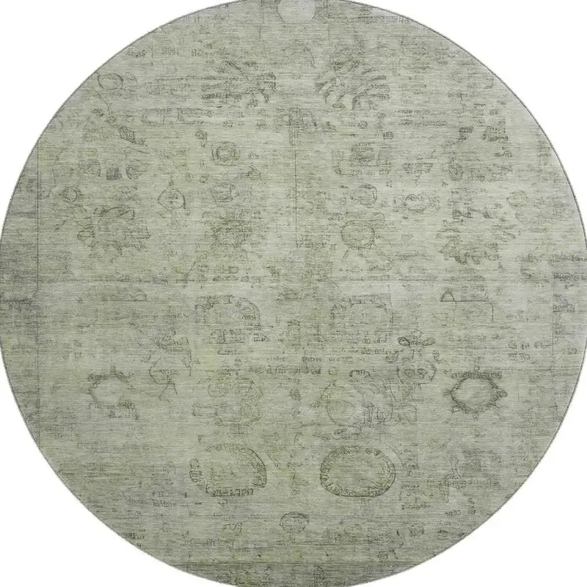 8' Sage And Gray Oriental Washable Round Rug With UV Protection Photo 3