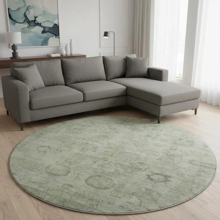 8' Sage And Gray Oriental Washable Round Rug With UV Protection Photo 2