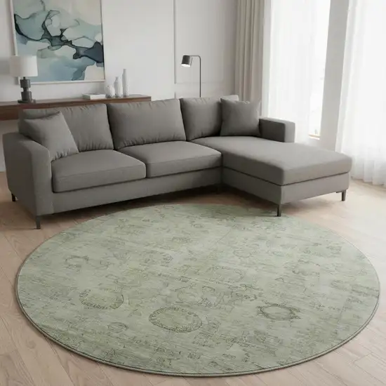 8' Sage And Gray Oriental Washable Round Rug With UV Protection Photo 2