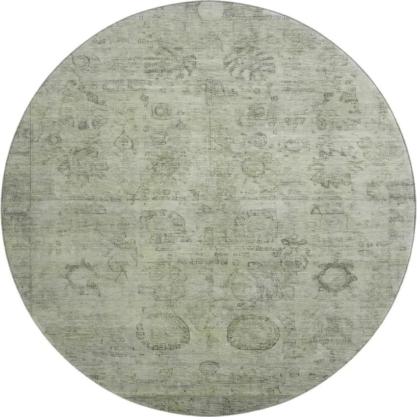 8' Sage And Gray Oriental Washable Round Rug With UV Protection Photo 1