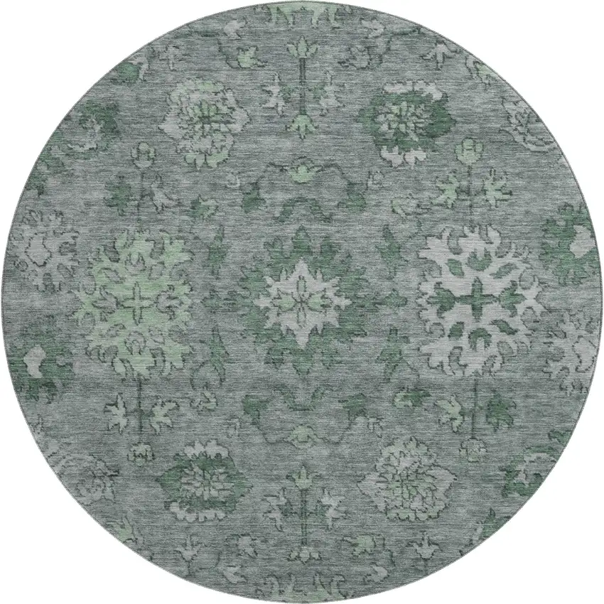 8' Sage And Gray Oriental Washable Round Rug With UV Protection Photo 1