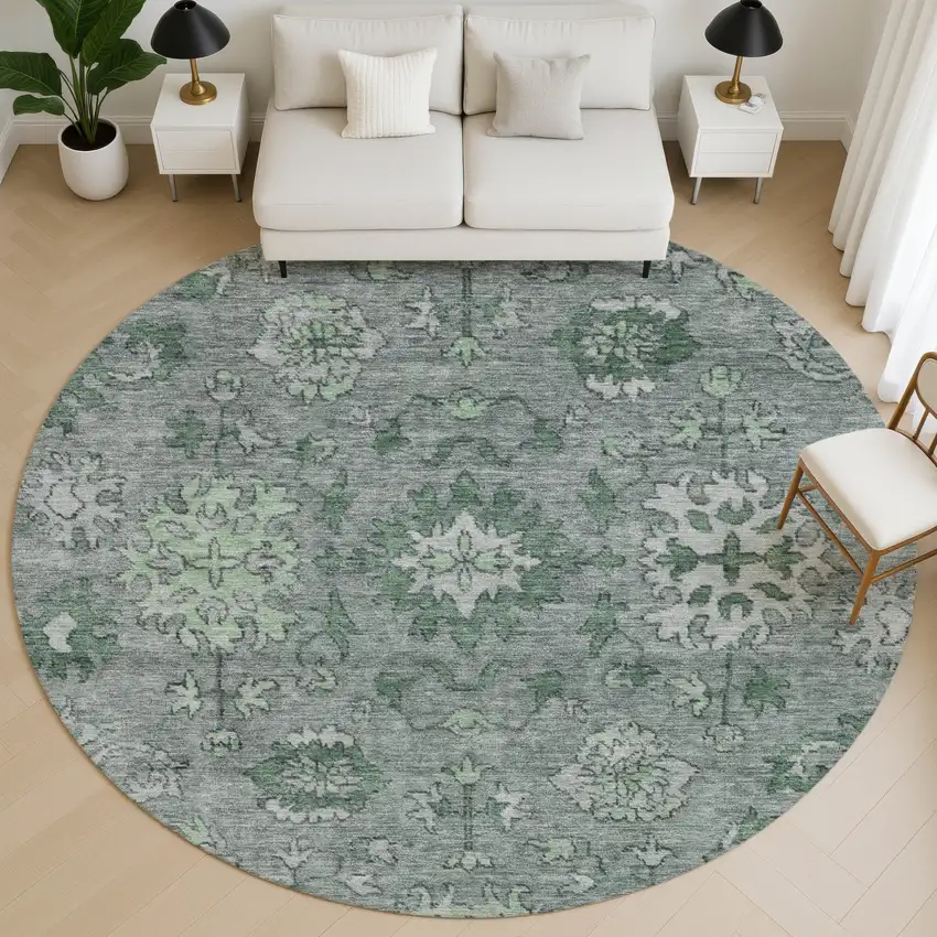 8' Sage And Gray Oriental Washable Round Rug With UV Protection Photo 5