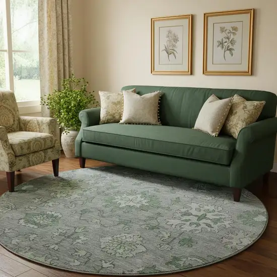 8' Sage And Gray Oriental Washable Round Rug With UV Protection Photo 2