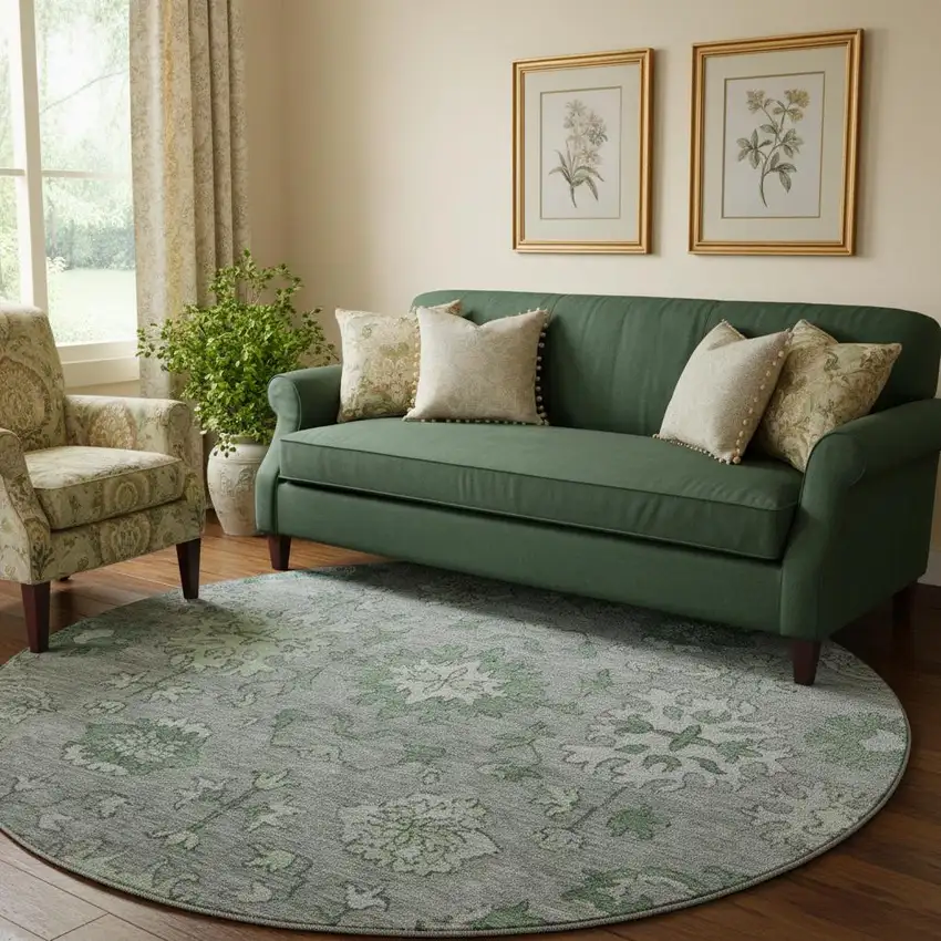 8' Sage And Gray Oriental Washable Round Rug With UV Protection Photo 2