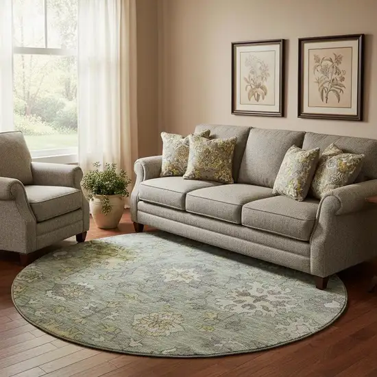 8' Sage And Gray Oriental Washable Round Rug With UV Protection Photo 2