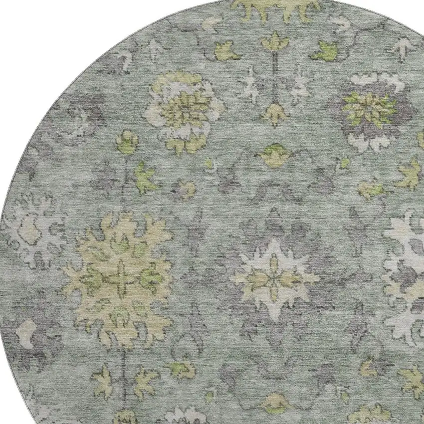 8' Sage And Gray Oriental Washable Round Rug With UV Protection Photo 3