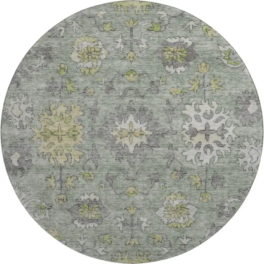 8' Sage And Gray Oriental Washable Round Rug With UV Protection Photo 1