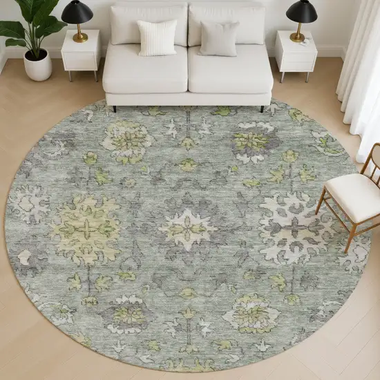 8' Sage And Gray Oriental Washable Round Rug With UV Protection Photo 5