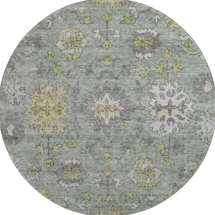 8' Sage And Gray Oriental Washable Round Rug With UV Protection Photo 4