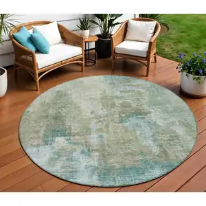 Photo of 8' Sage And Gray Round Abstract Washable Indoor Outdoor Area Rug