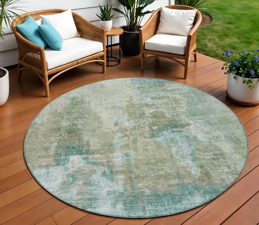 8' Sage And Gray Round Abstract Washable Indoor Outdoor Area Rug Photo 1