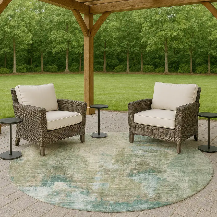 8' Sage And Gray Round Abstract Washable Indoor Outdoor Area Rug Photo 8