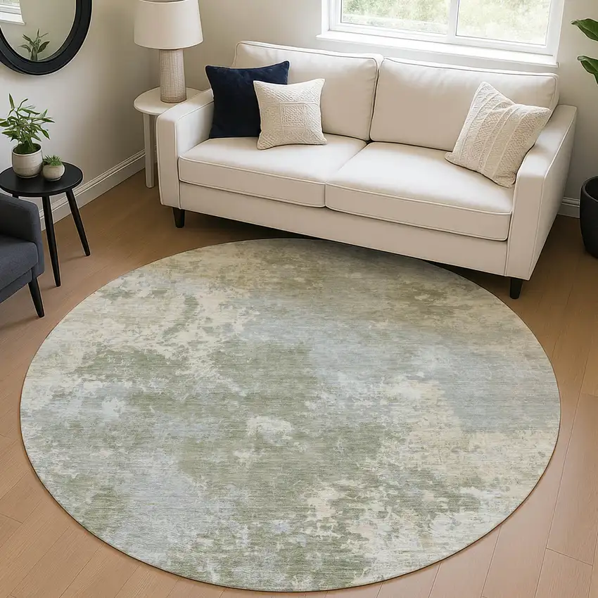 8' Sage And Gray Round Abstract Washable Indoor Outdoor Area Rug Photo 5