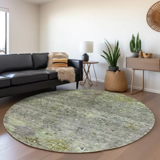 8' Sage And Gray Round Floral Washable Indoor Outdoor Area Rug Photo 7
