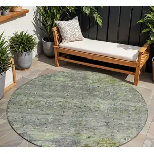 Photo of 8' Sage And Gray Round Floral Washable Indoor Outdoor Area Rug