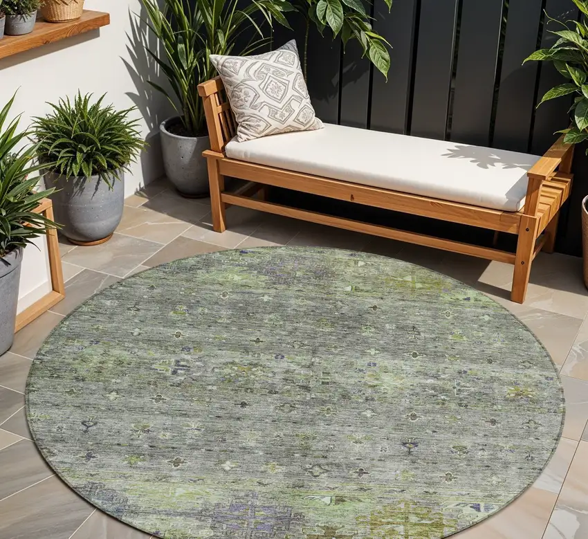 8' Sage And Gray Round Floral Washable Indoor Outdoor Area Rug Photo 1