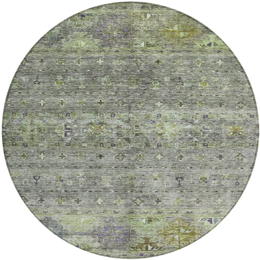 8' Sage And Gray Round Floral Washable Indoor Outdoor Area Rug Photo 2
