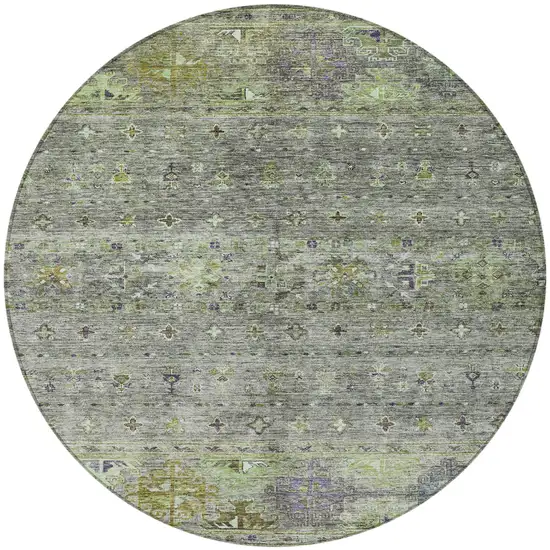 8' Sage And Gray Round Floral Washable Indoor Outdoor Area Rug Photo 5