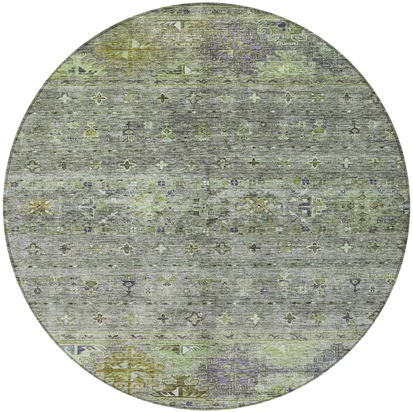 8' Sage And Gray Round Floral Washable Indoor Outdoor Area Rug Photo 5