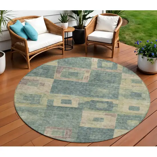 8' Sage And Gray Round Geometric Washable Indoor Outdoor Area Rug Photo 1