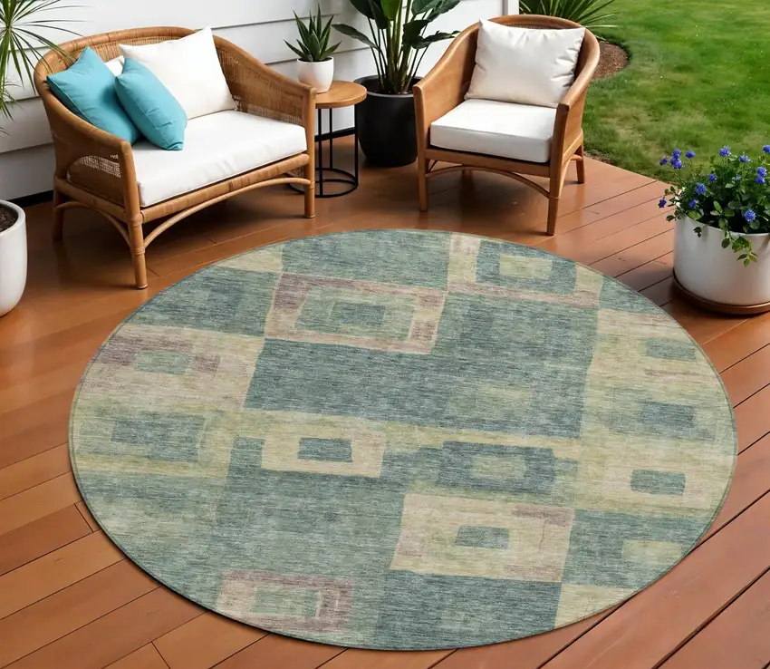 8' Sage And Gray Round Geometric Washable Indoor Outdoor Area Rug Photo 1